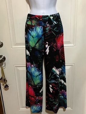 Boston Proper Black Multi Tropical-Print Wide-Leg Pants